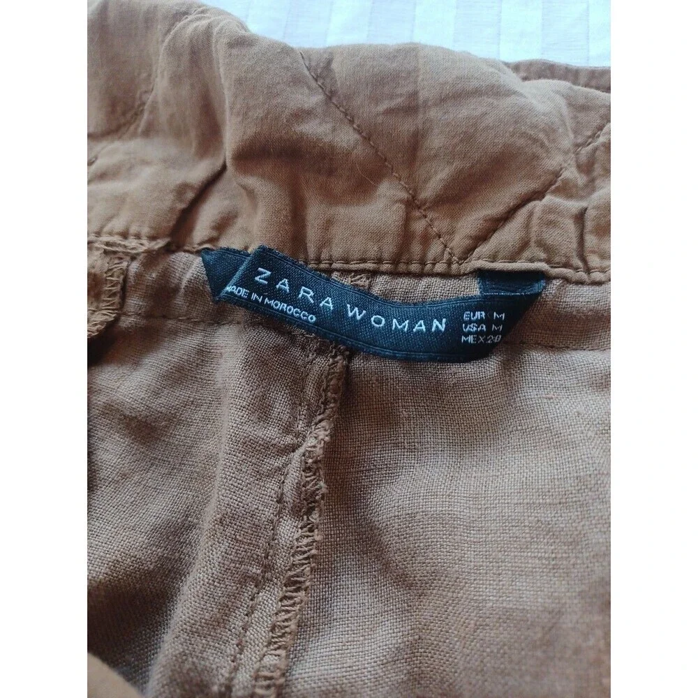 Zara brown linen tapered leg pants womens M paperbag waist button fly beach boho